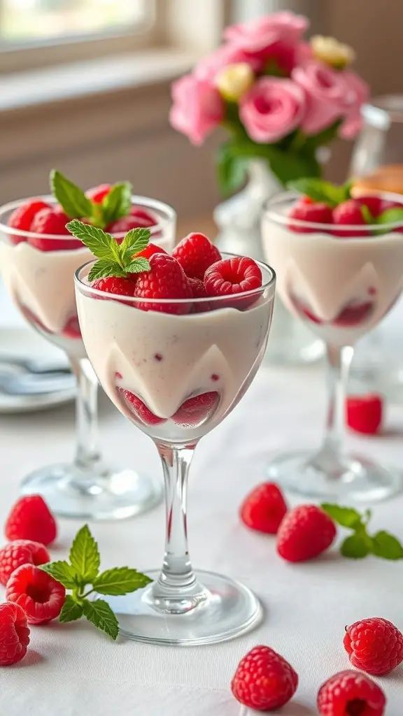 Three raspberry mousse parfaits topped with fresh raspberries and mint leaves