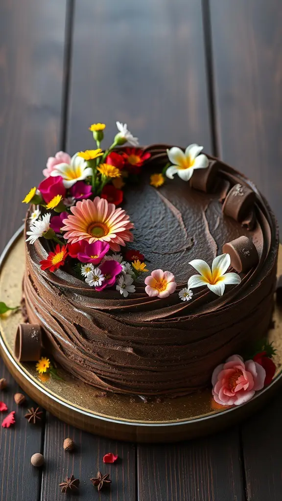 A chocolate cake decorated with colorful wildflowers on a wooden table.