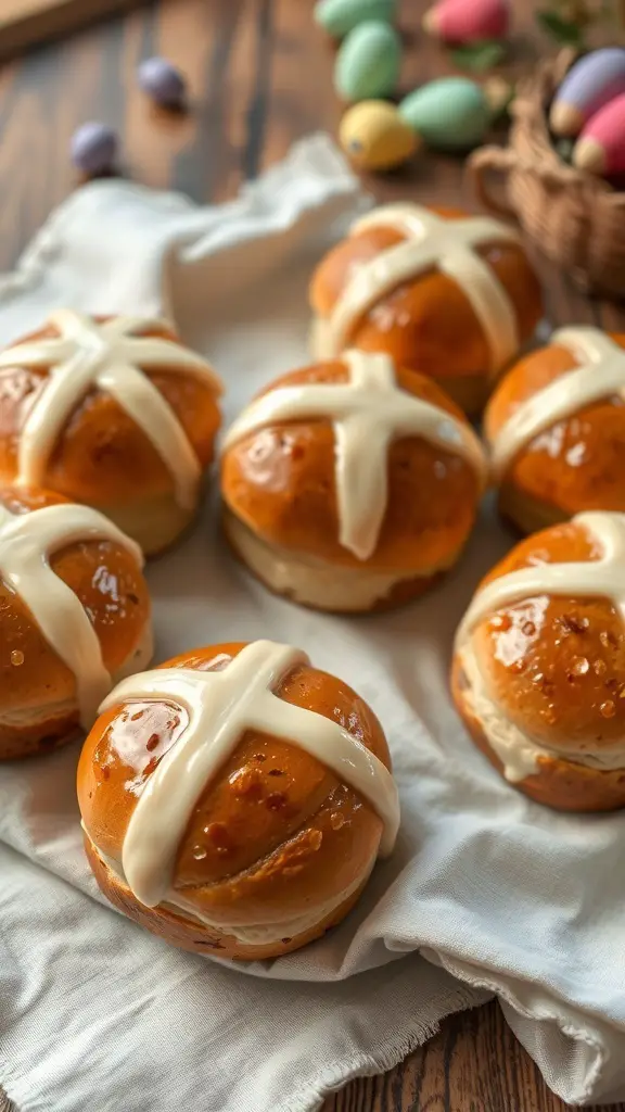 Freshly baked hot cross buns with a shiny glaze on a cloth, surrounded by colorful Easter eggs.