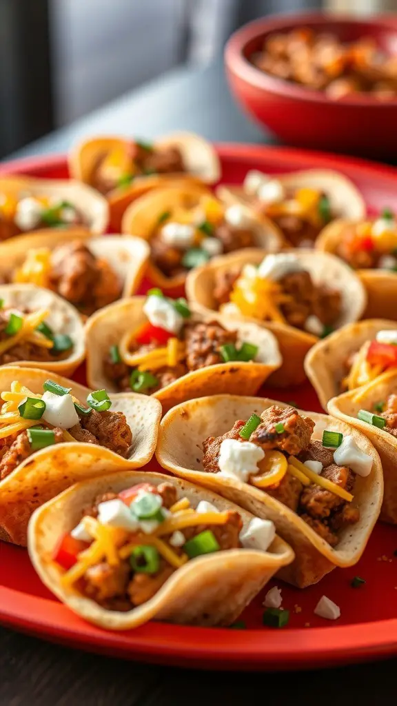 A plate of mini taco cups filled with seasoned meat, cheese, and toppings.