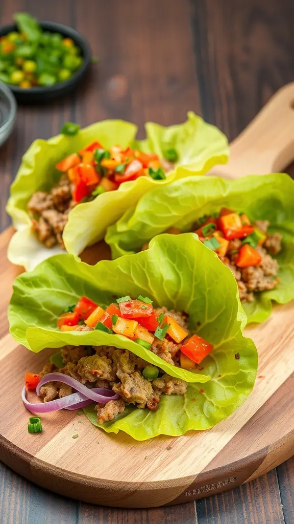 Lettuce wrap tacos filled with seasoned meat and colorful vegetables on a wooden platter.