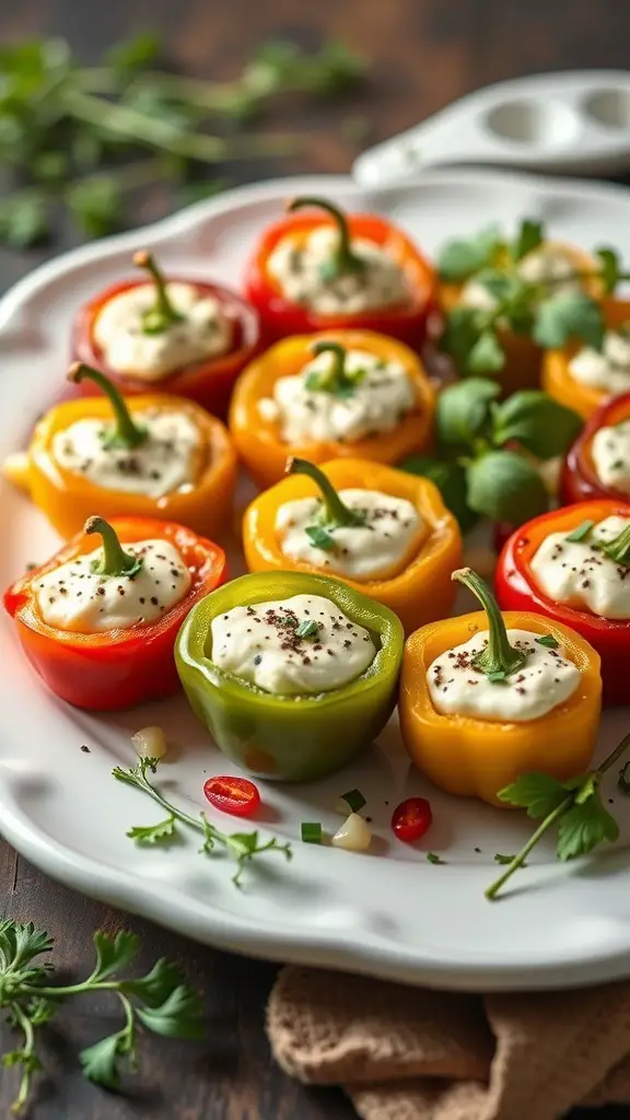 A platter of stuffed mini peppers with cream cheese filling, garnished with herbs.