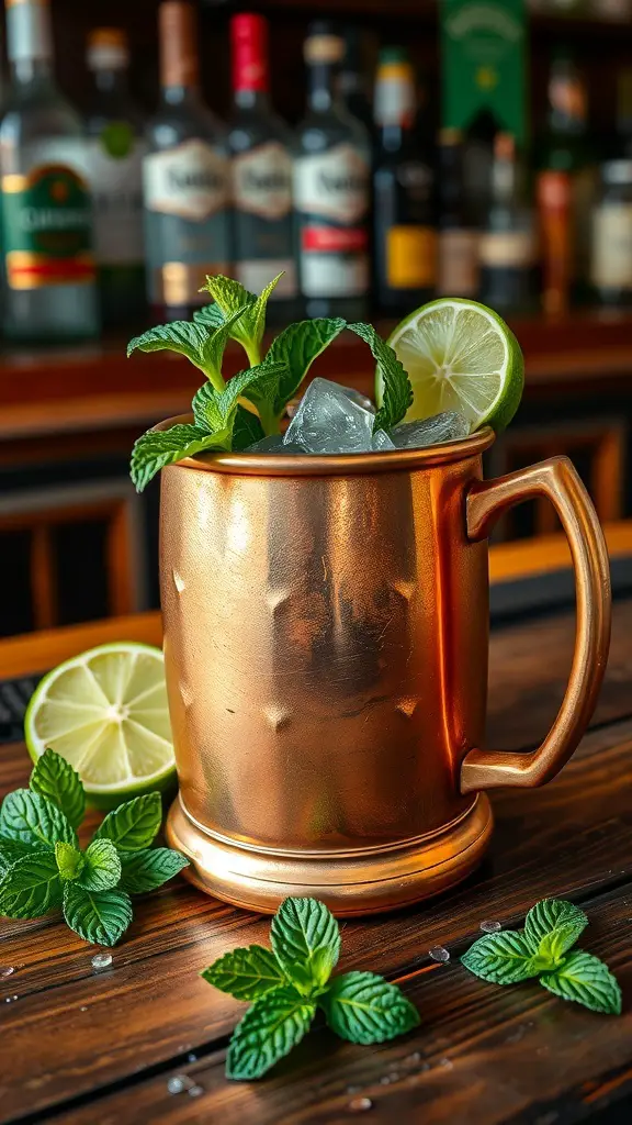 A copper mug filled with a refreshing Celtic Mule cocktail, garnished with mint leaves and lime slices.