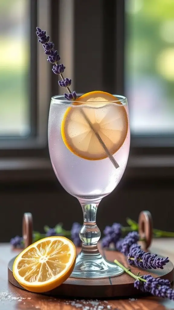 A glass of Lavender Lemonade Spritzer garnished with lemon and lavender