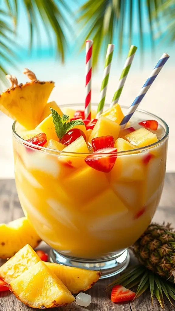 A refreshing pineapple coconut rum punch with colorful straws and fresh fruit garnishes.