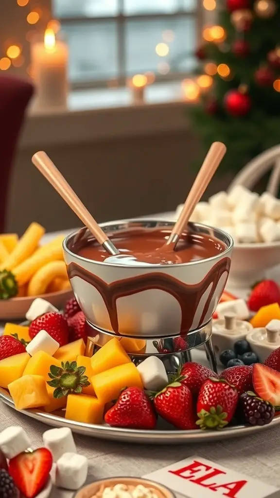 A bowl of chocolate fondue surrounded by fresh fruits and marshmallows, perfect for a Mother's Day lunch.