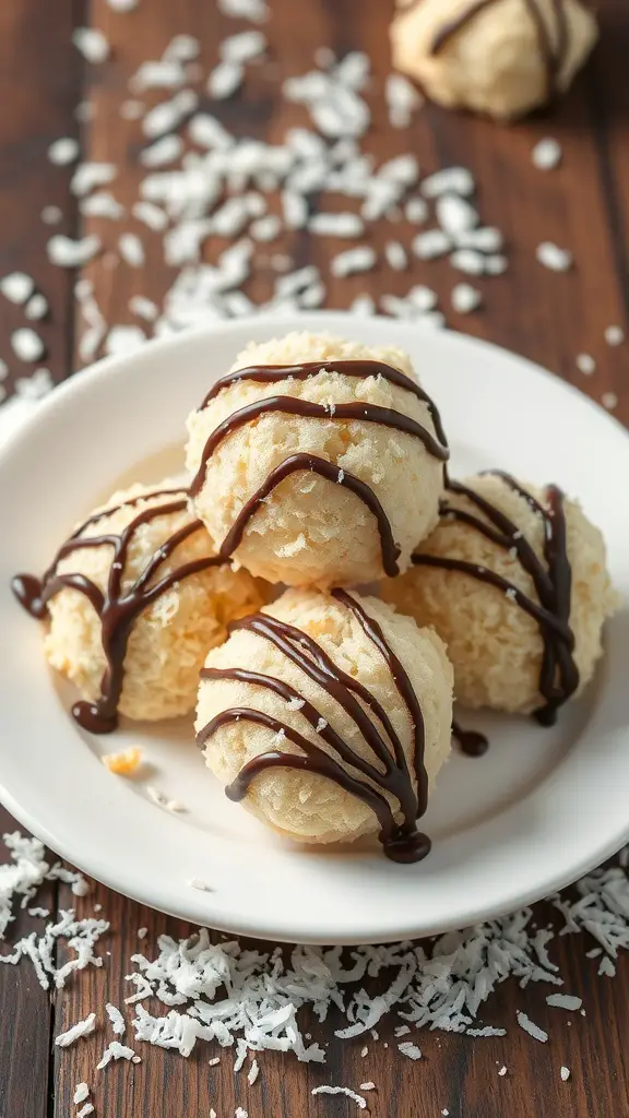 A plate of coconut macaroons drizzled with dark chocolate, surrounded by scattered coconut flakes.