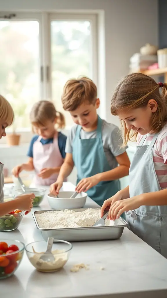Children participating in a cooking or baking class, focused on their tasks in a bright kitchen.