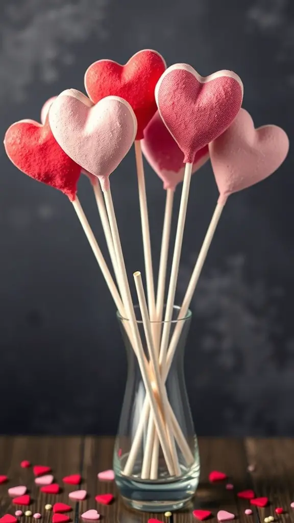 Colorful heart-shaped marshmallow pops in a glass vase with heart confetti scattered around.