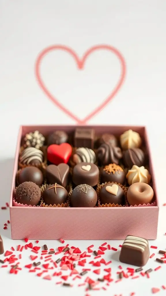 A pink box filled with assorted chocolate truffles, some decorated with hearts and sprinkles, set against a light background.