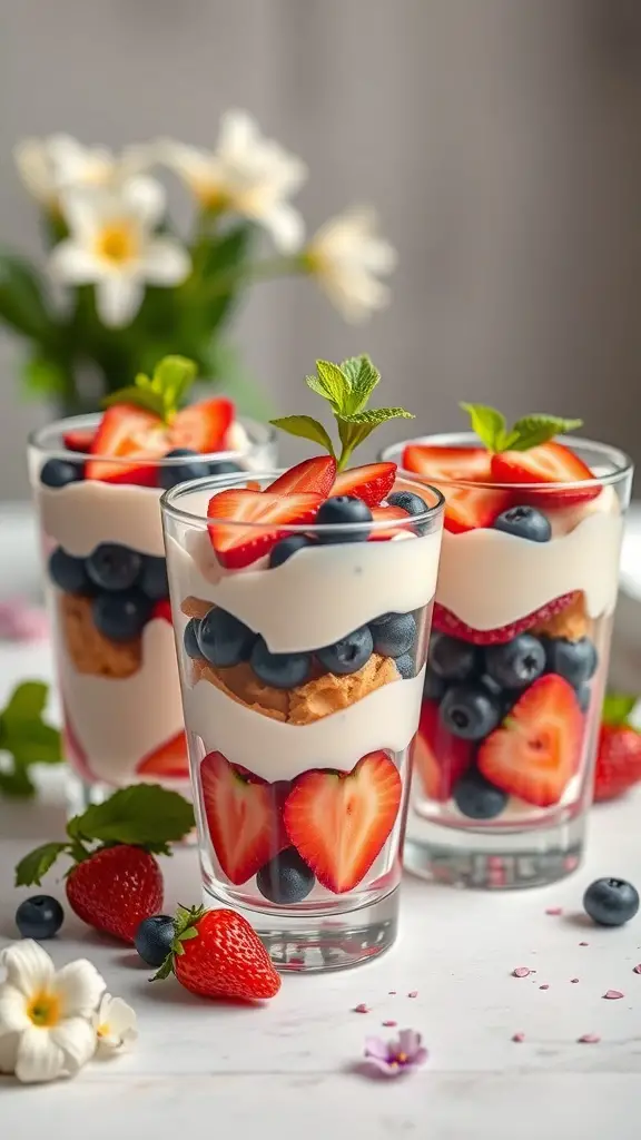 Colorful fruit and yogurt parfaits with strawberries and blueberries in glasses
