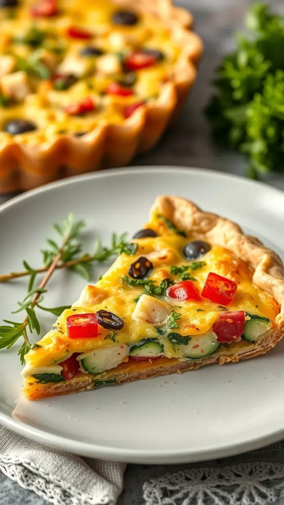 A slice of hearty vegetable quiche on a plate, garnished with herbs, with the whole quiche in the background.