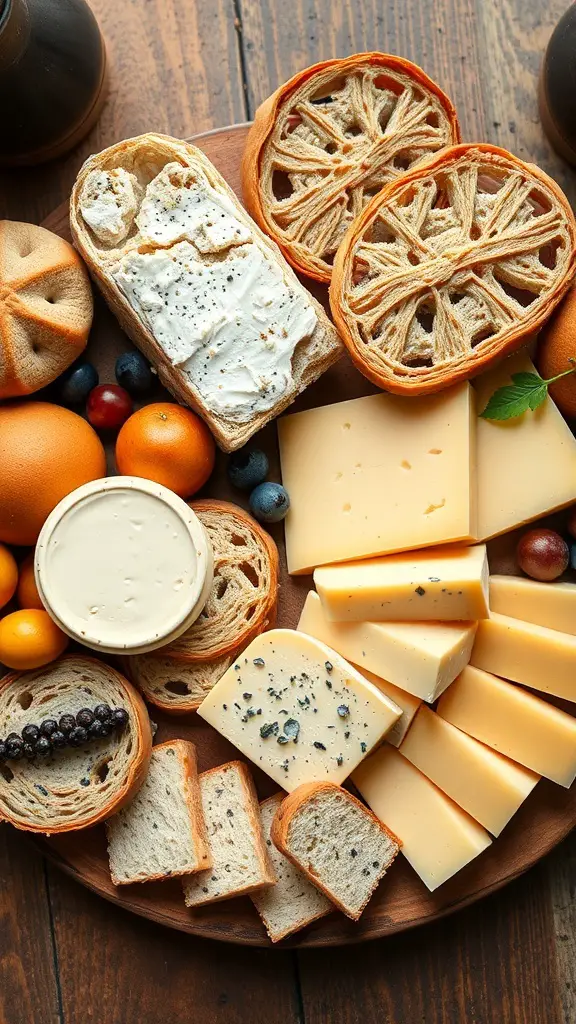 Artisan bread and cheese board featuring various breads, cheeses, and fruits.