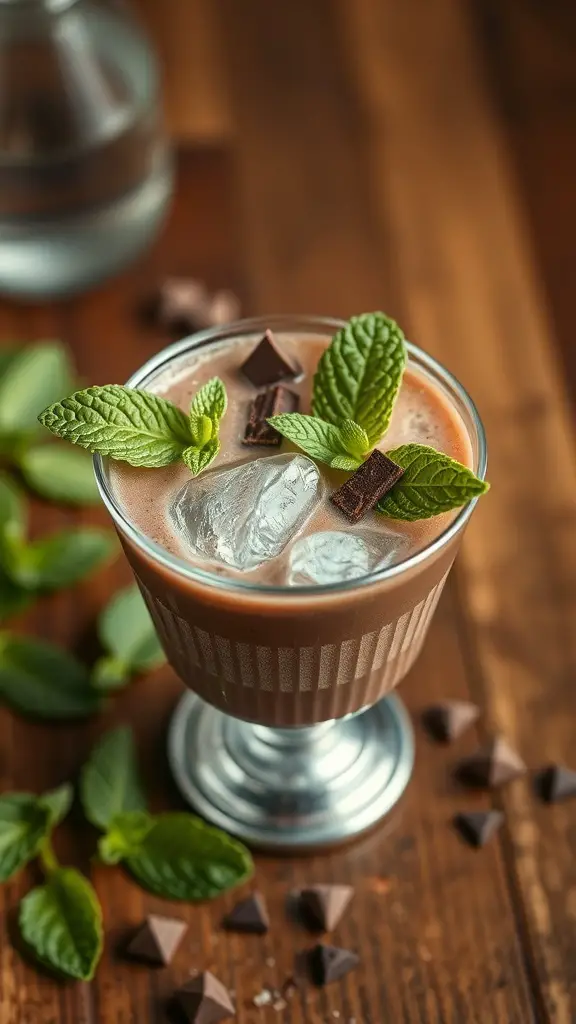 A Chocolate Mint Julep in a glass with ice, garnished with mint leaves and chocolate pieces.
