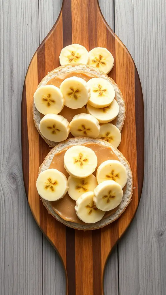 Rice cakes topped with almond butter and banana slices on a wooden board.