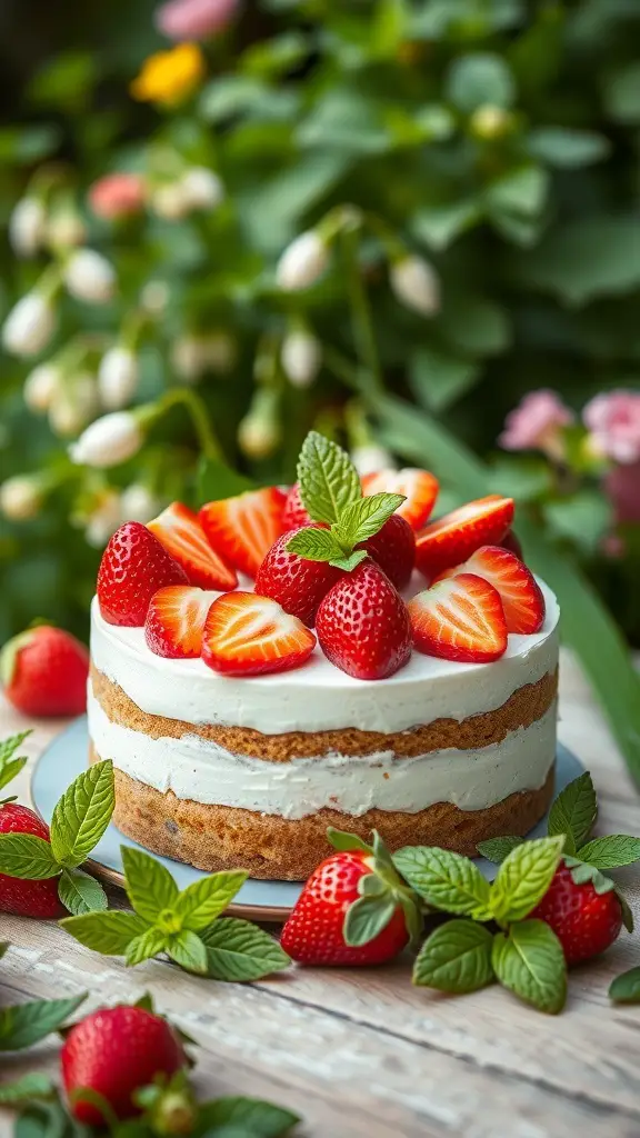 A beautifully layered Mint Strawberry Poke Cake topped with fresh strawberries and mint leaves, set against a backdrop of flowers.