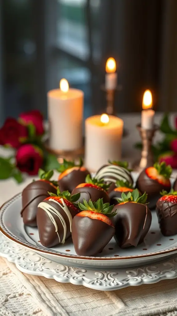 A plate of chocolate-covered strawberries with candles and roses in the background