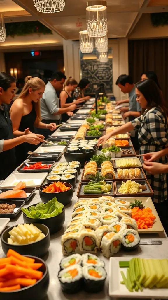 A long table filled with sushi ingredients and guests preparing their own sushi rolls.