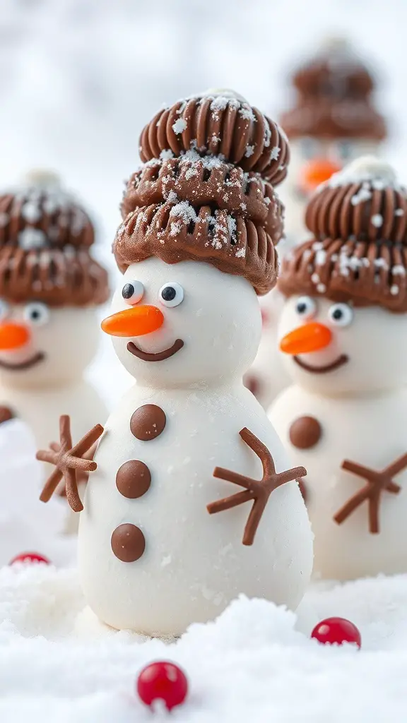 Coconut macaroon snowmen with chocolate hats and candy decorations