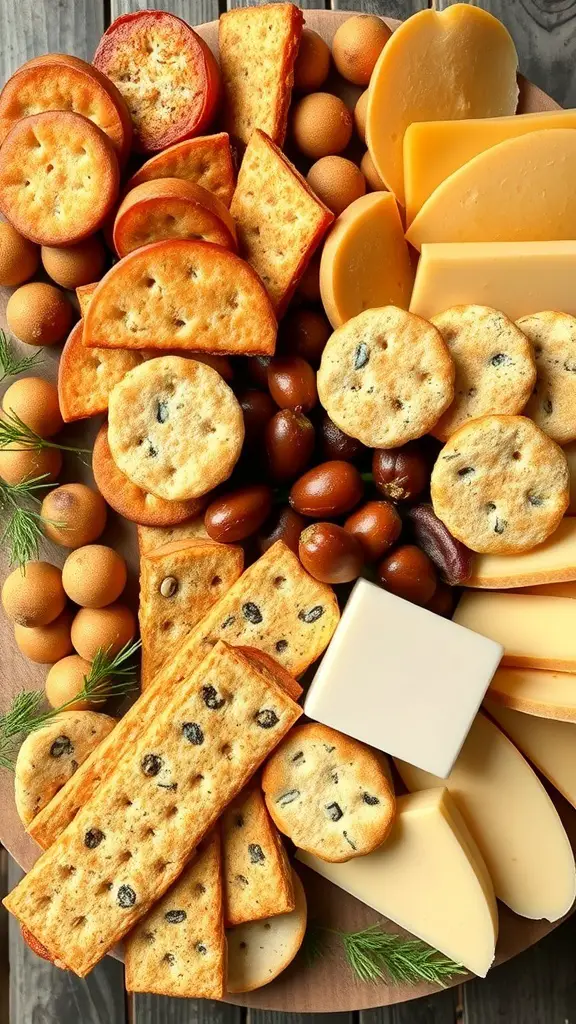 A variety of artisan crackers and breadsticks on a charcuterie board