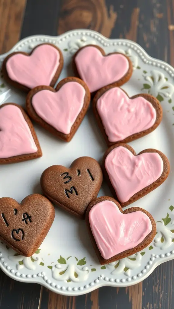 A plate of chocolate heart cookies decorated with pink icing and playful designs.