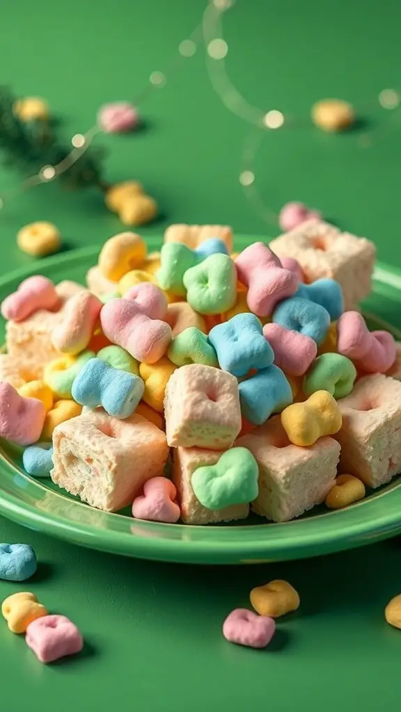 A colorful plate of Lucky Charms marshmallow treats on a green background
