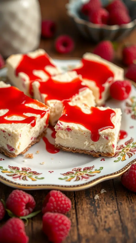 Delicious raspberry cheesecake bars on a decorative plate with fresh raspberries