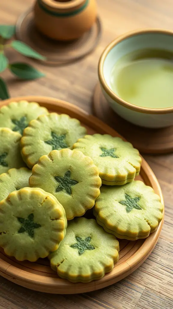 A plate of matcha green tea cookies with a cup of tea