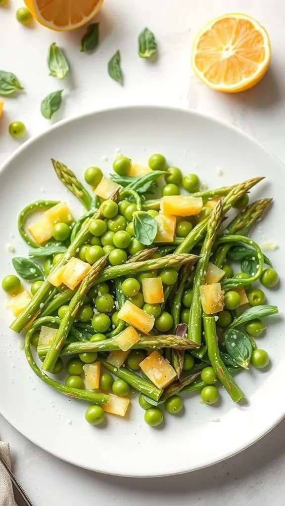 A vibrant Asparagus and Pea Salad with lemon vinaigrette, featuring fresh green vegetables and herbs.