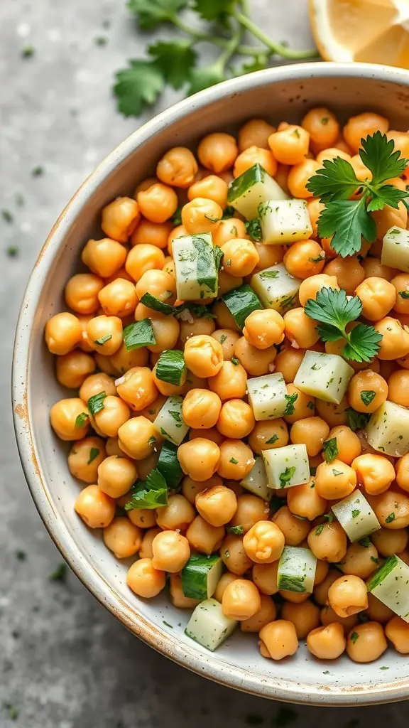 A bowl of chickpea salad with herbs and cucumbers.