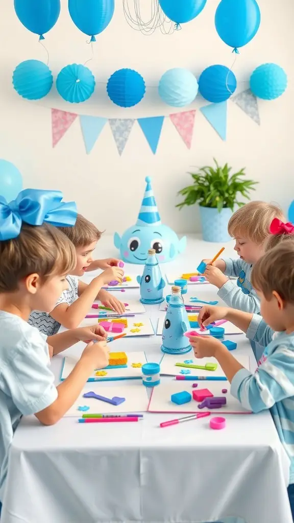 Children enjoying a Bluey-themed crafts station at a birthday party