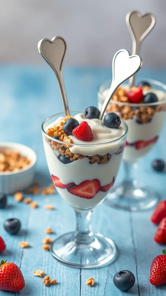 Yogurt parfaits with berries and granola in clear glasses with heart-shaped spoons