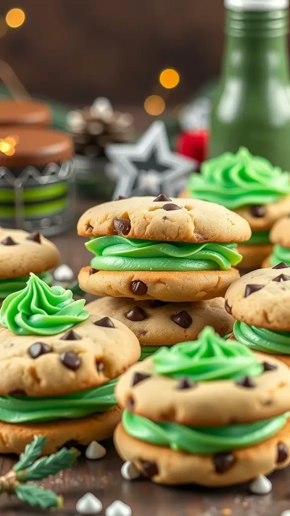 Mint chocolate chip cookie sandwiches with green frosting