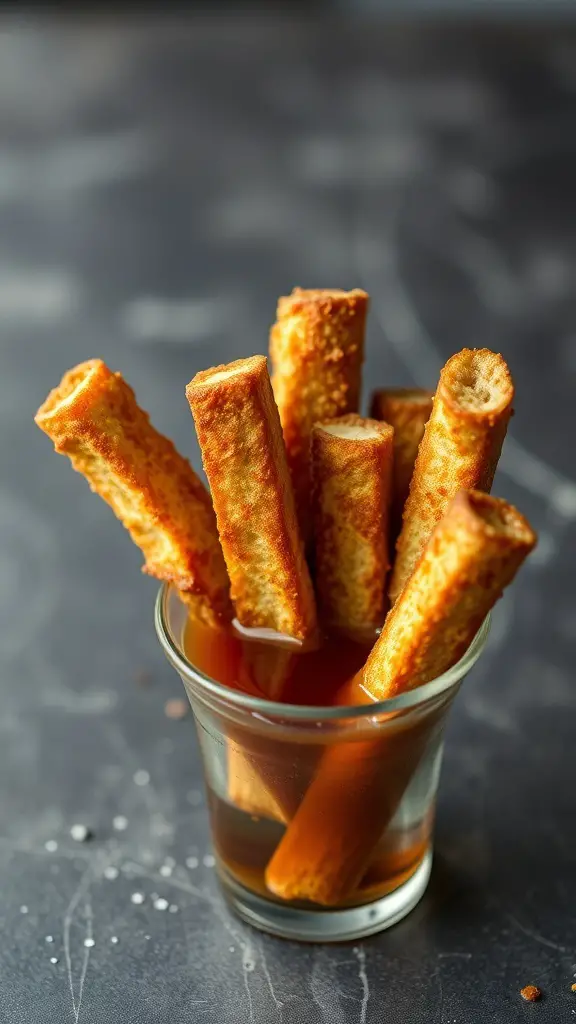 A glass filled with maple syrup and French toast sticks