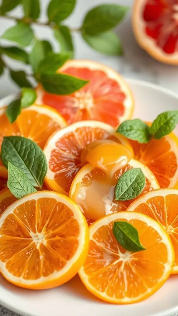 A colorful citrus salad featuring slices of oranges and grapefruits, garnished with mint leaves.