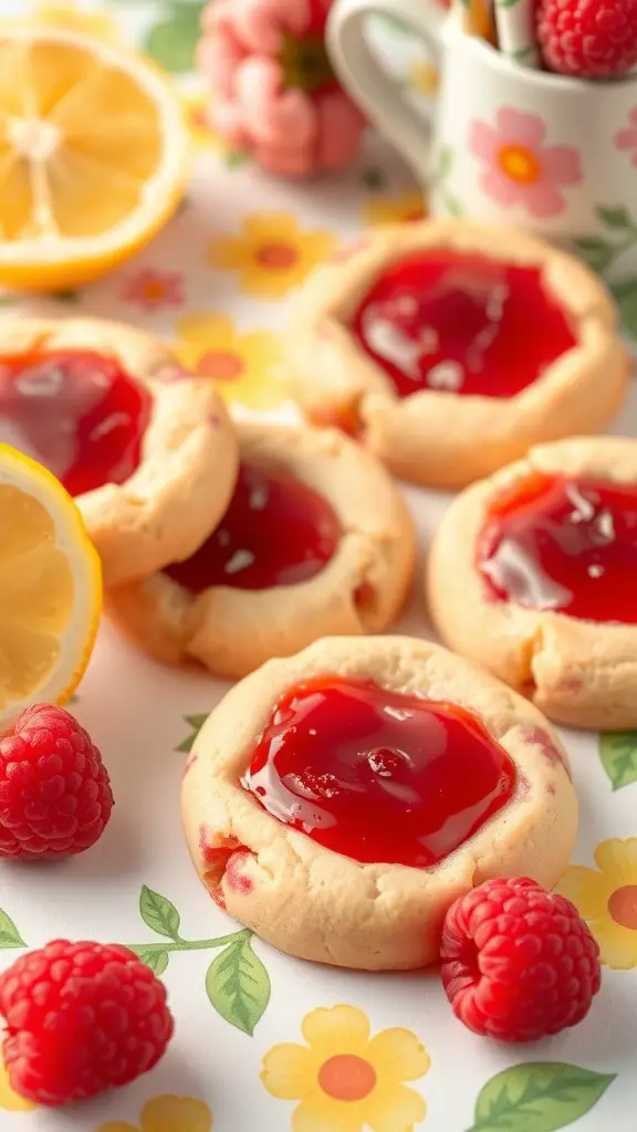 Raspberry Lemonade Thumbprint Cookies with raspberry jam and lemon slices