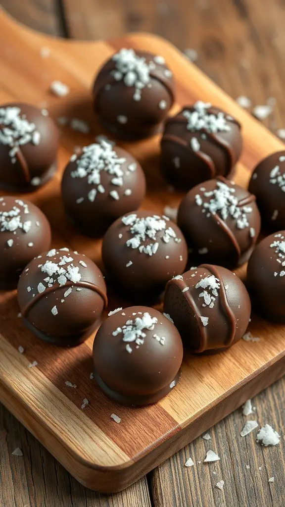 A wooden platter with chocolate truffles topped with sea salt.