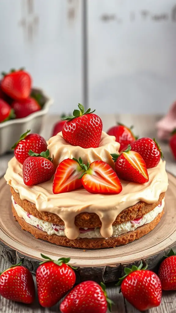 Peanut Butter Strawberry Poke Cake topped with fresh strawberries