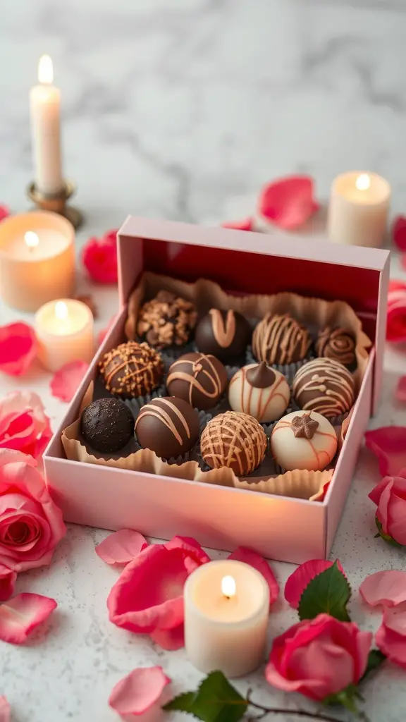 A box of assorted chocolate truffles surrounded by rose petals and candles.