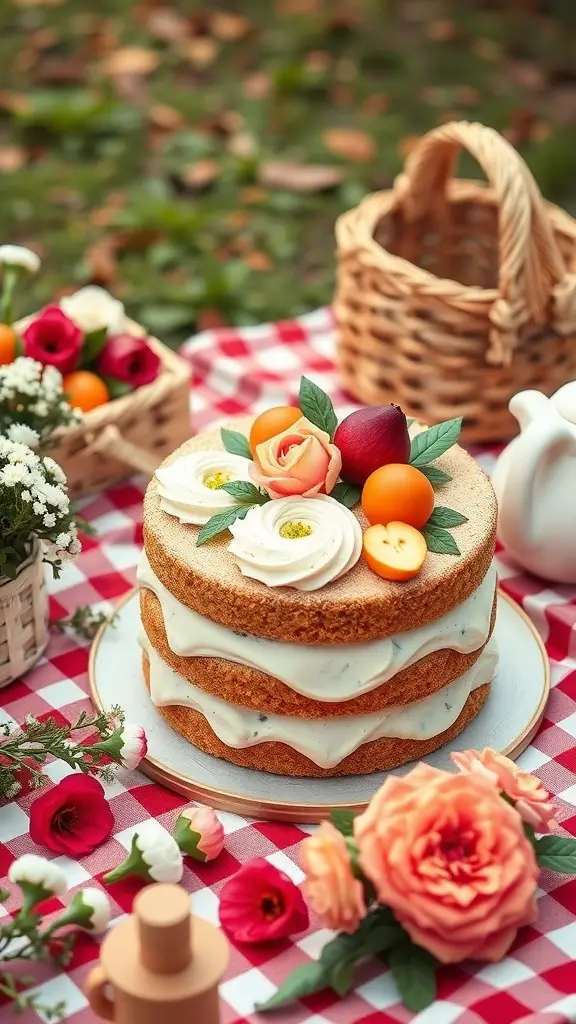 A beautifully decorated cake with layers, topped with fruits and flowers, set on a picnic table.