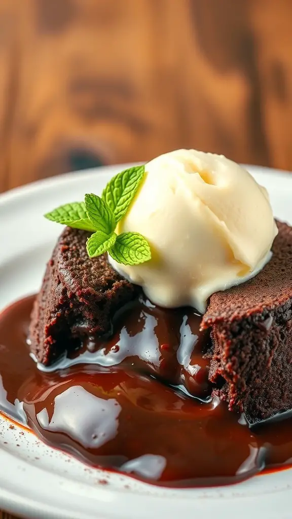A chocolate lava cake with melting chocolate center and a scoop of vanilla ice cream on top, garnished with mint leaves.