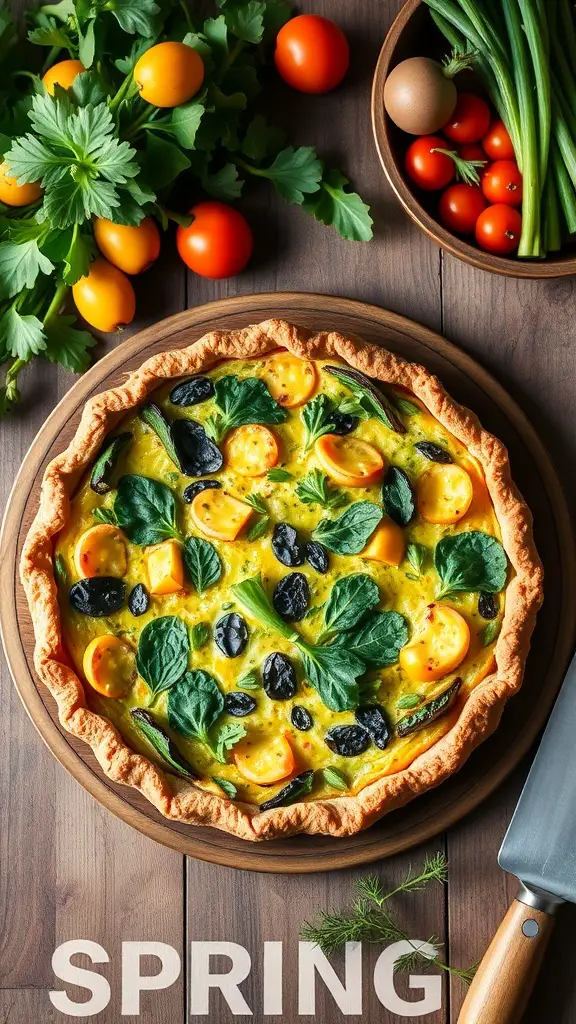 A colorful spring vegetable quiche with a golden crust, surrounded by fresh vegetables.