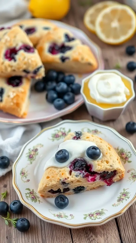 Lemon blueberry scones with clotted cream and fresh blueberries on a decorative plate