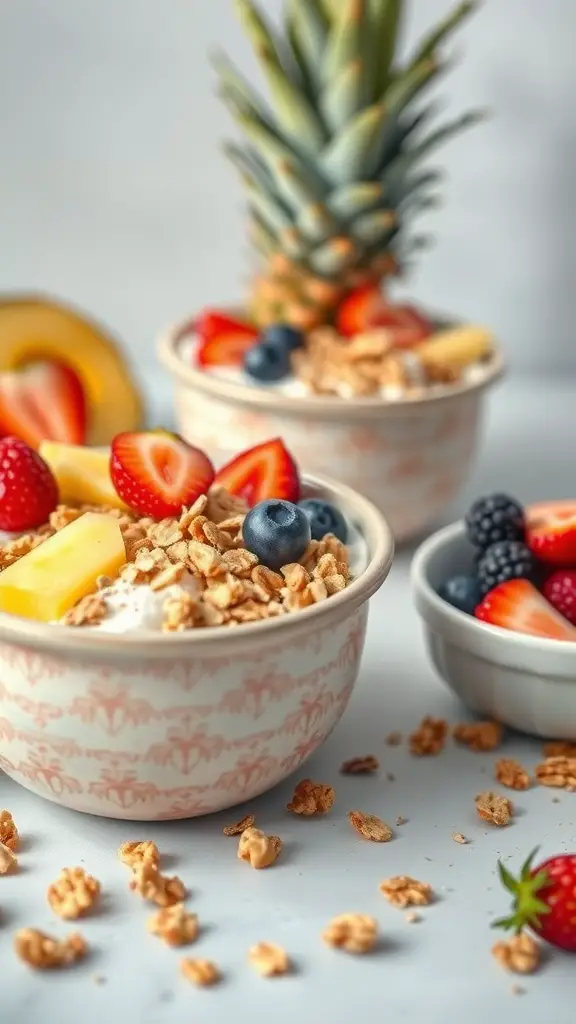 Pineapple coconut smoothie bowls topped with fresh fruits and granola