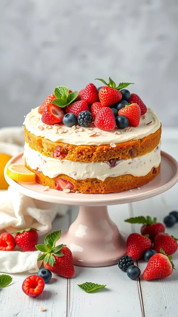 A beautiful Lemon Almond Cake topped with fresh berries on a pink cake stand.