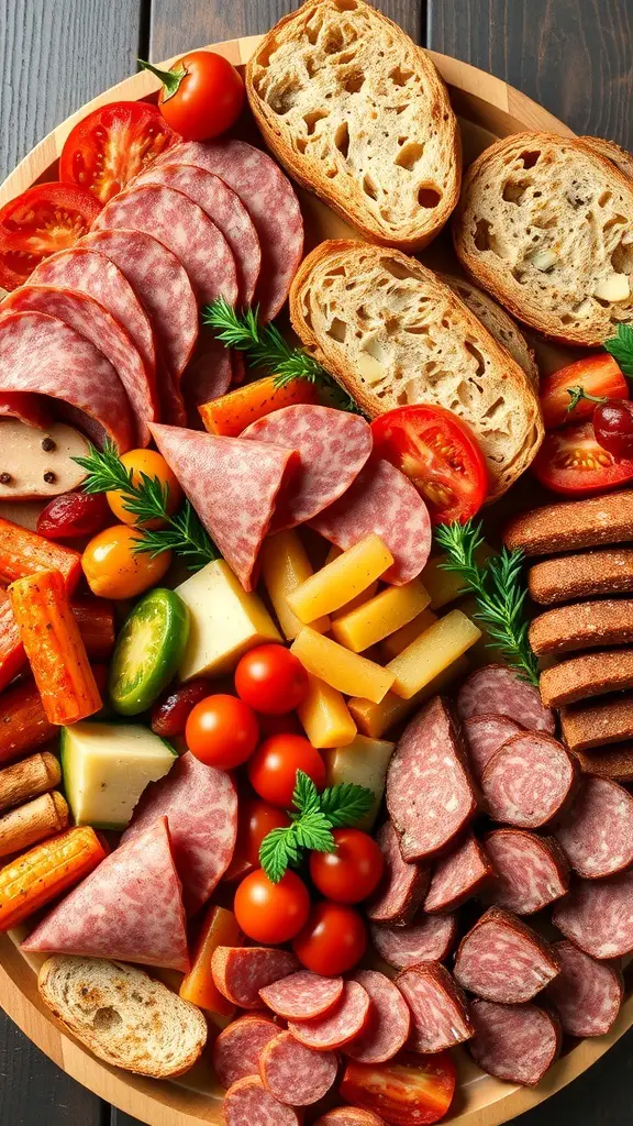 An Italian antipasto board featuring cured meats, cheeses, fresh vegetables, and bread.