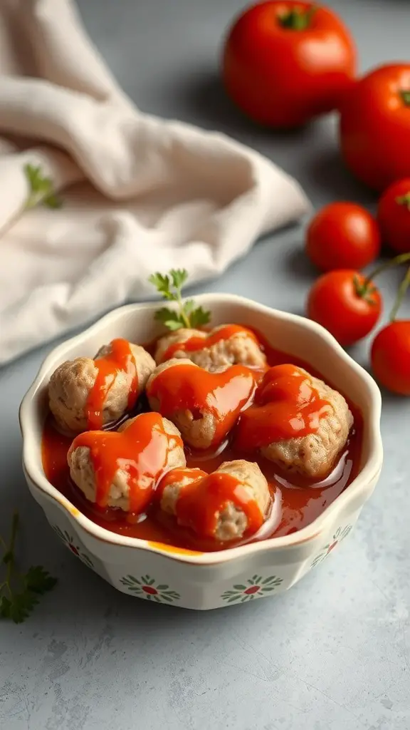 A bowl of heart-shaped meatballs with tomato sauce, garnished with parsley, surrounded by fresh tomatoes.