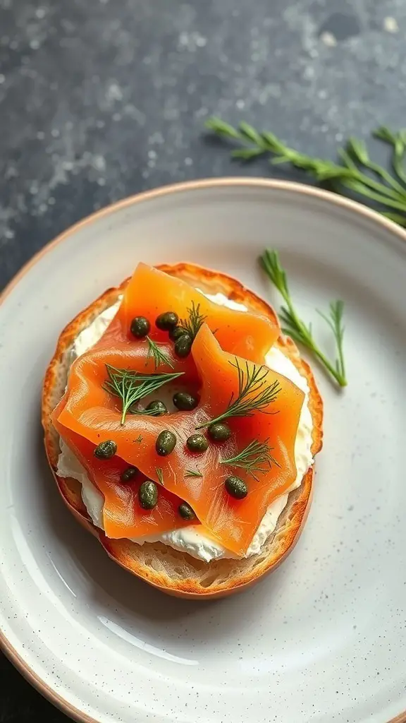 A smoked salmon bagel topped with cream cheese, capers, and fresh dill on a plate.