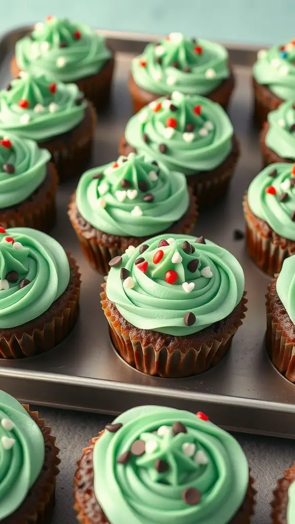 Mint chocolate chip cupcakes with green frosting and chocolate chips on top