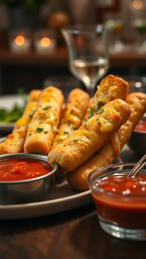 A plate of cheesy garlic breadsticks served with marinara sauce